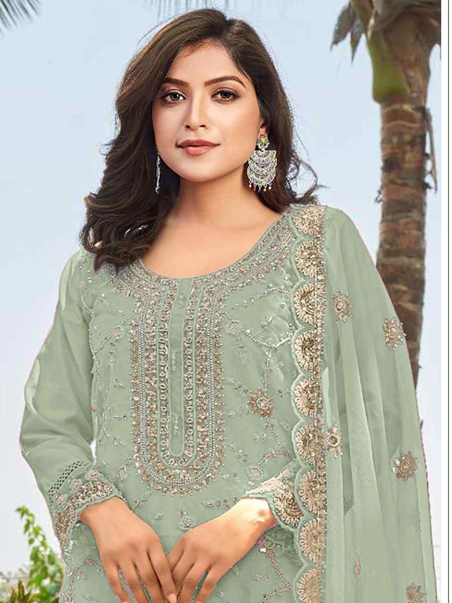 Green Heavy Organza Embroidered Festival Wedding Pant Salwar Kameez