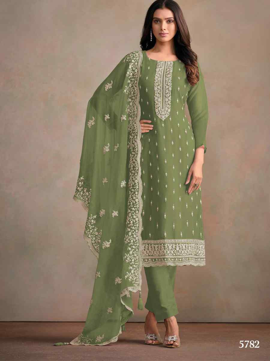Green Heavy Orgnza Silk Embroidered Festival Casual Pant Salwar Kameez