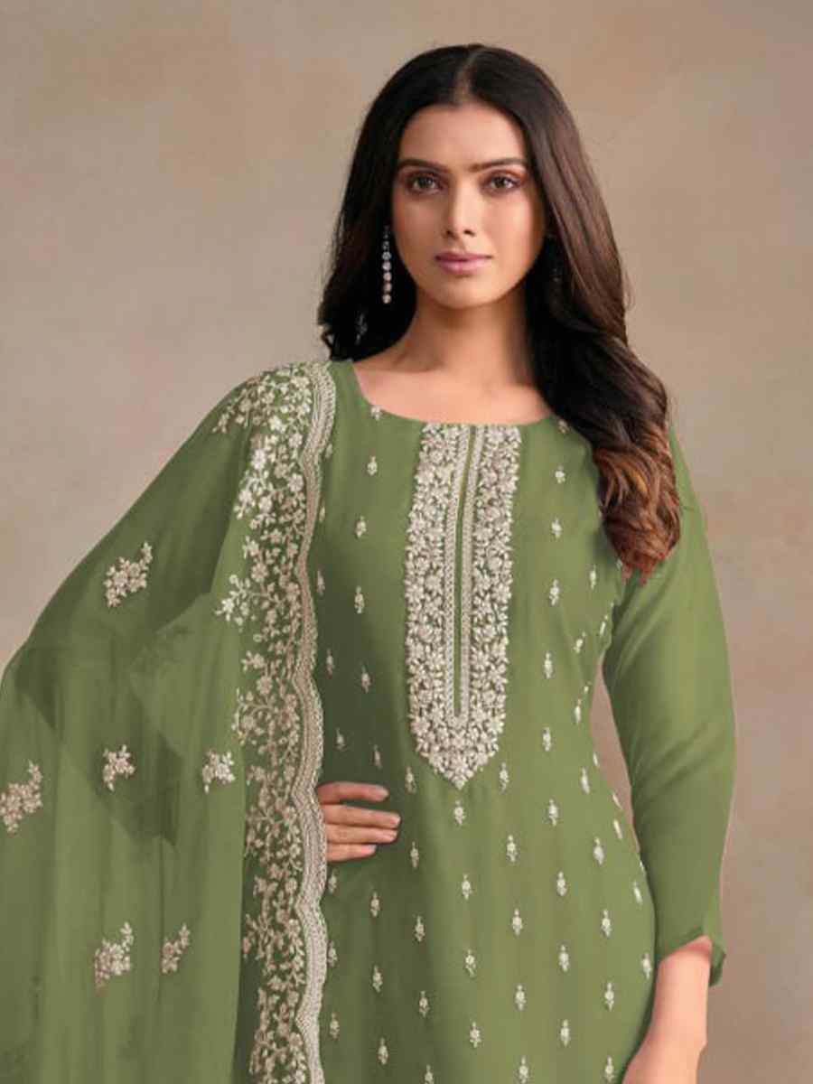 Green Heavy Orgnza Silk Embroidered Festival Casual Pant Salwar Kameez