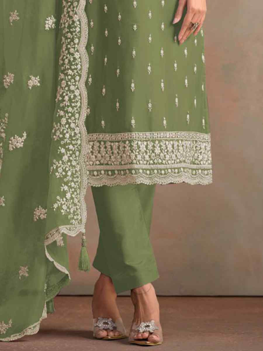 Green Heavy Orgnza Silk Embroidered Festival Casual Pant Salwar Kameez