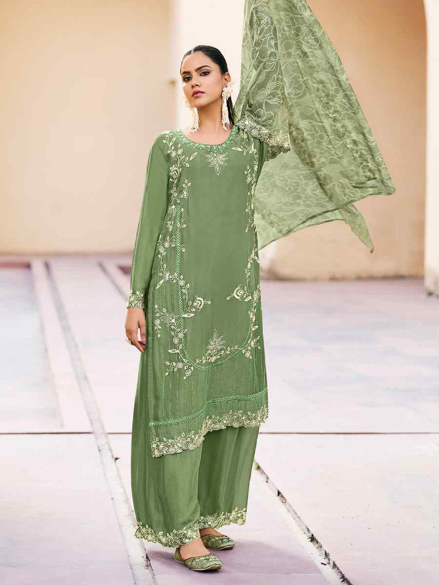 Green Heavy Premium Chinon Embroidered Festival Wedding Palazzo Pant Salwar Kameez