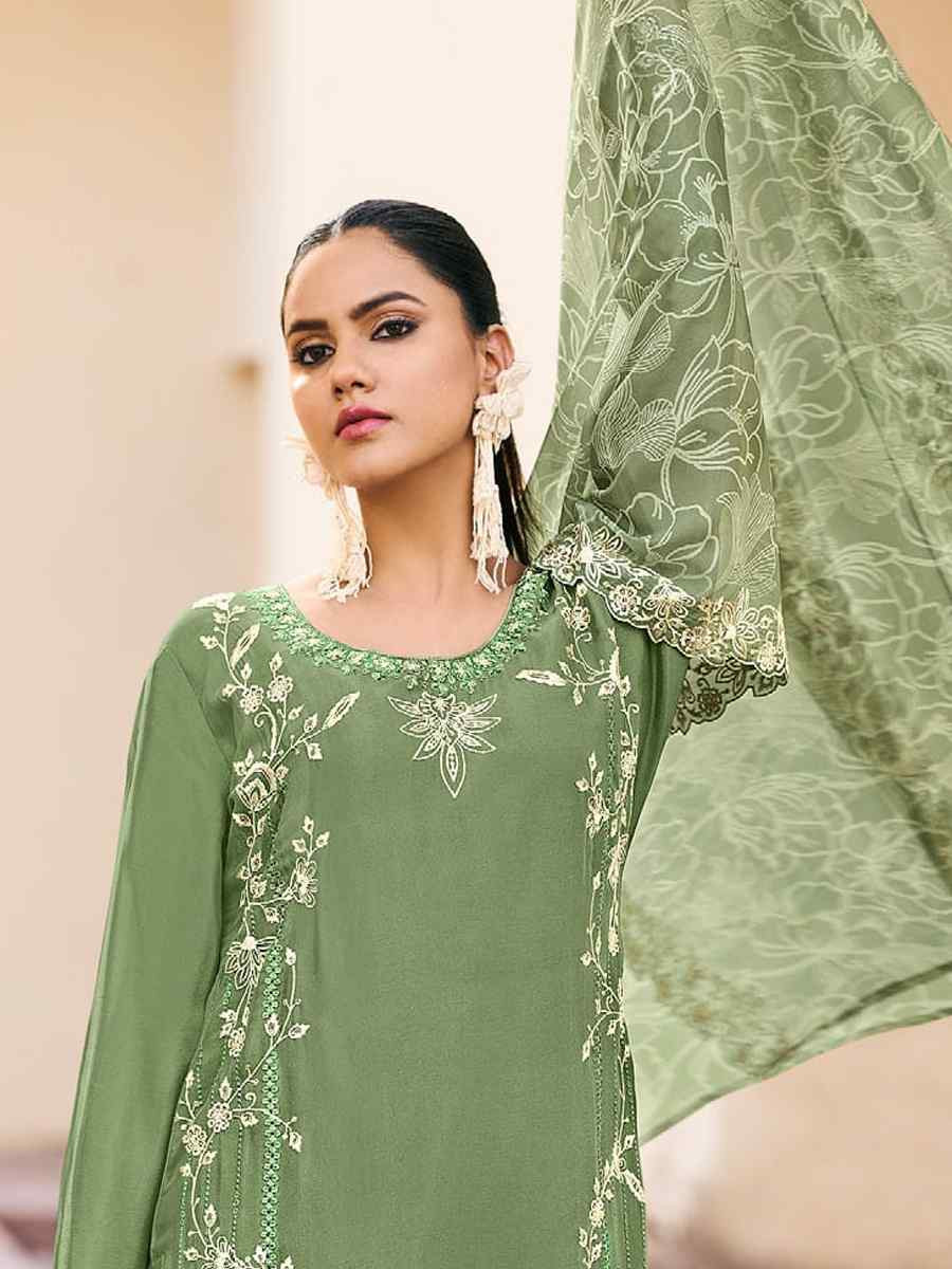 Green Heavy Premium Chinon Embroidered Festival Wedding Palazzo Pant Salwar Kameez