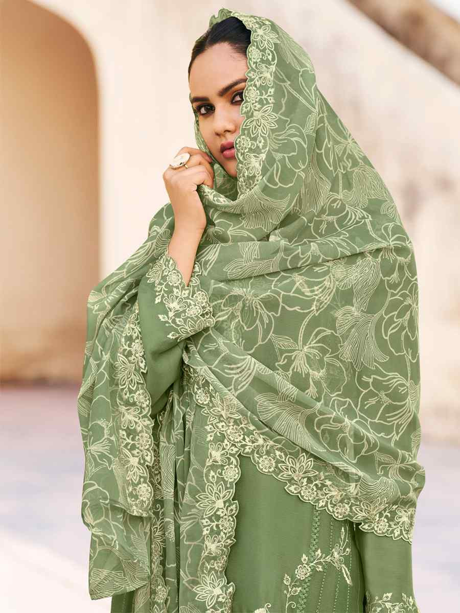 Green Heavy Premium Chinon Embroidered Festival Wedding Palazzo Pant Salwar Kameez