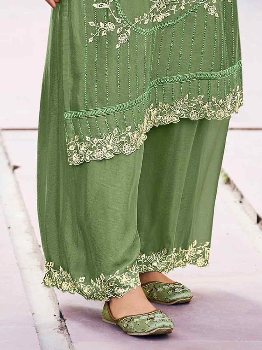 Green Heavy Premium Chinon Embroidered Festival Wedding Palazzo Pant Salwar Kameez