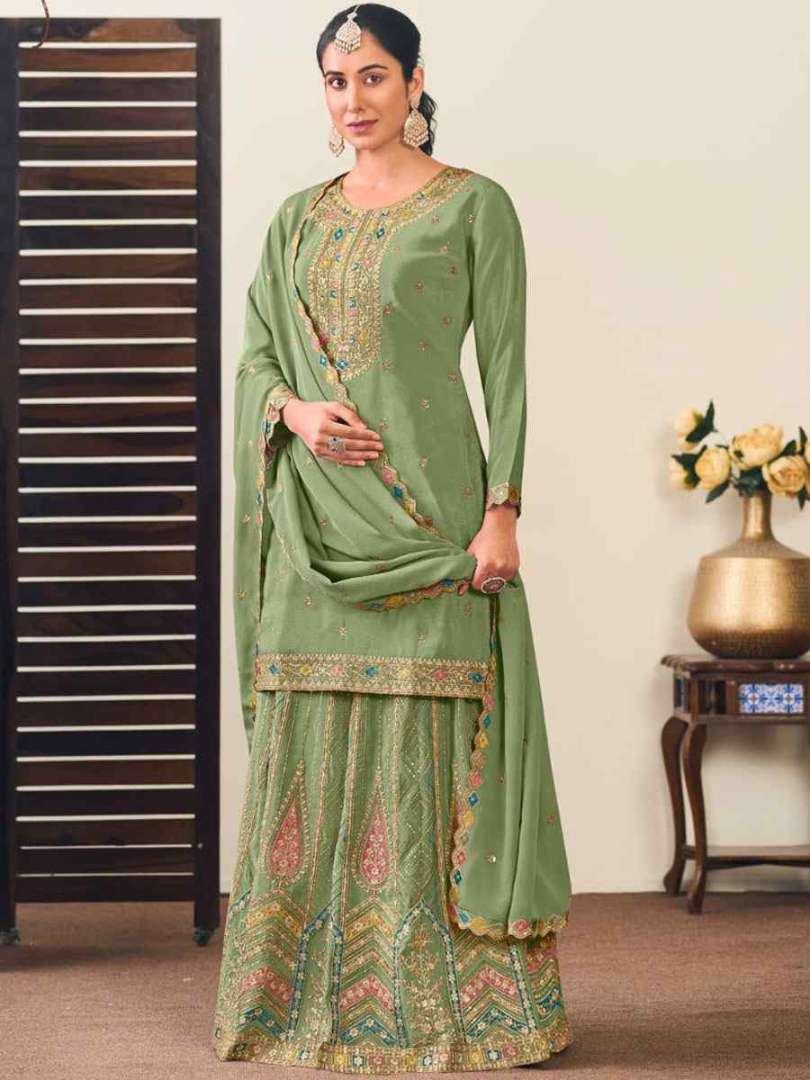 Green Heavy Premium Chinon Embroidery Party Wedding Festival Casual Ready Kurti Lehenga Choli