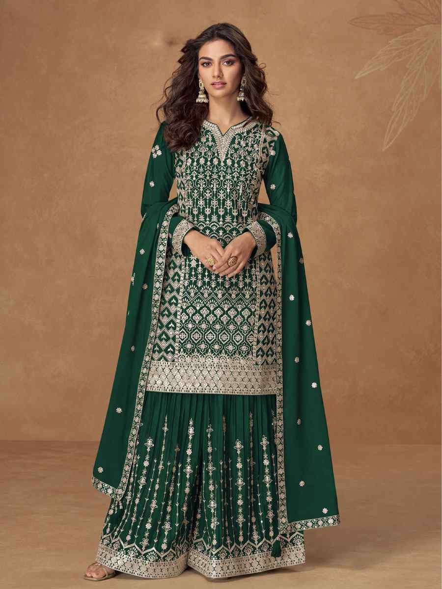 Green Heavy Premium Chinon Embroidery Party Wedding Festival Casual Ready Palazzo Pant Salwar Kameez