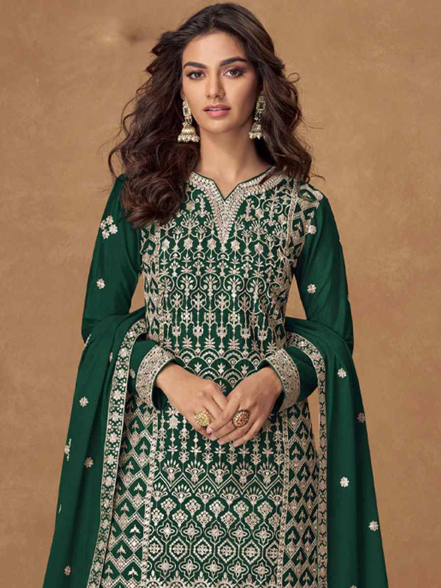 Green Heavy Premium Chinon Embroidery Party Wedding Festival Casual Ready Palazzo Pant Salwar Kameez