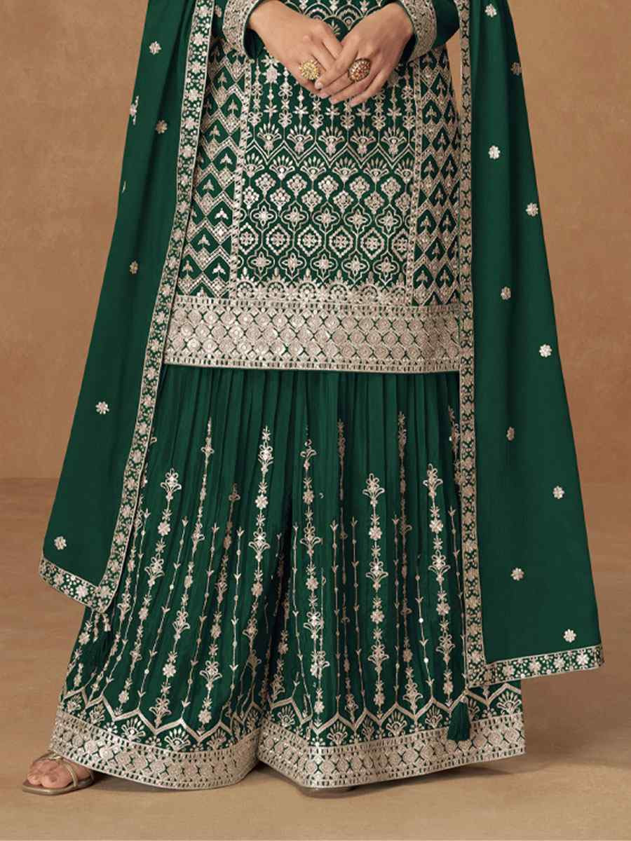 Green Heavy Premium Chinon Embroidery Party Wedding Festival Casual Ready Palazzo Pant Salwar Kameez