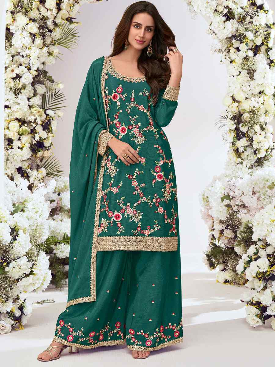 Green Heavy Premium Chinon Embroidery Party Wedding Festival Casual Ready Palazzo Pant Salwar Kameez