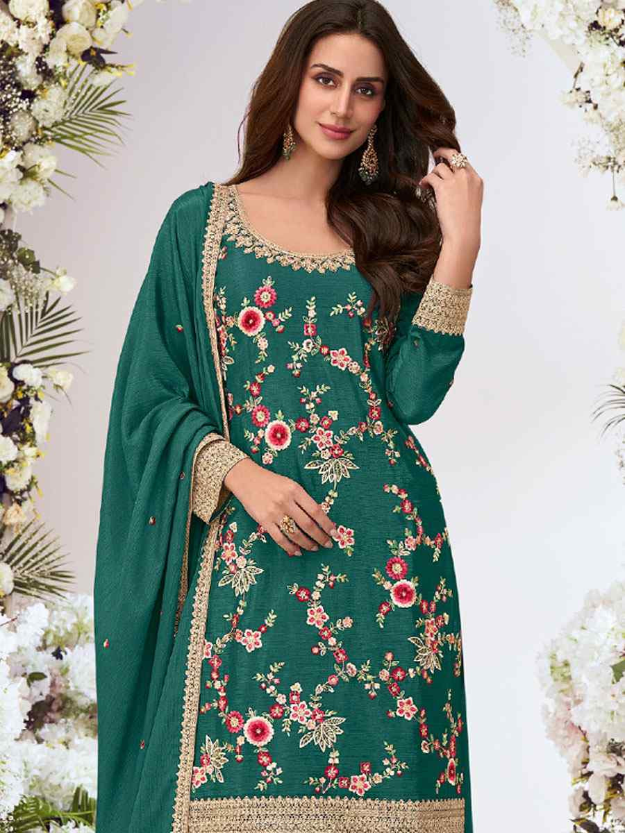 Green Heavy Premium Chinon Embroidery Party Wedding Festival Casual Ready Palazzo Pant Salwar Kameez