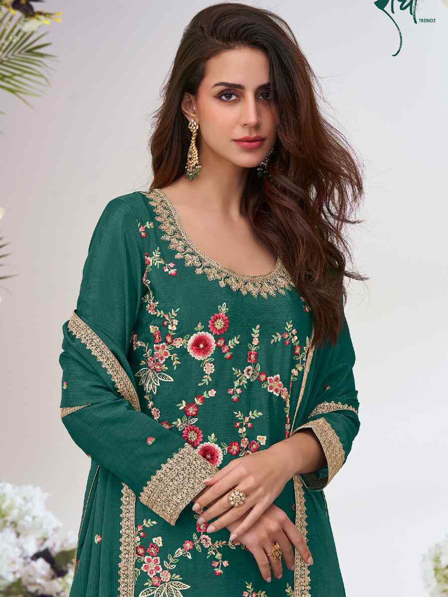 Green Heavy Premium Chinon Embroidery Party Wedding Festival Casual Ready Palazzo Pant Salwar Kameez