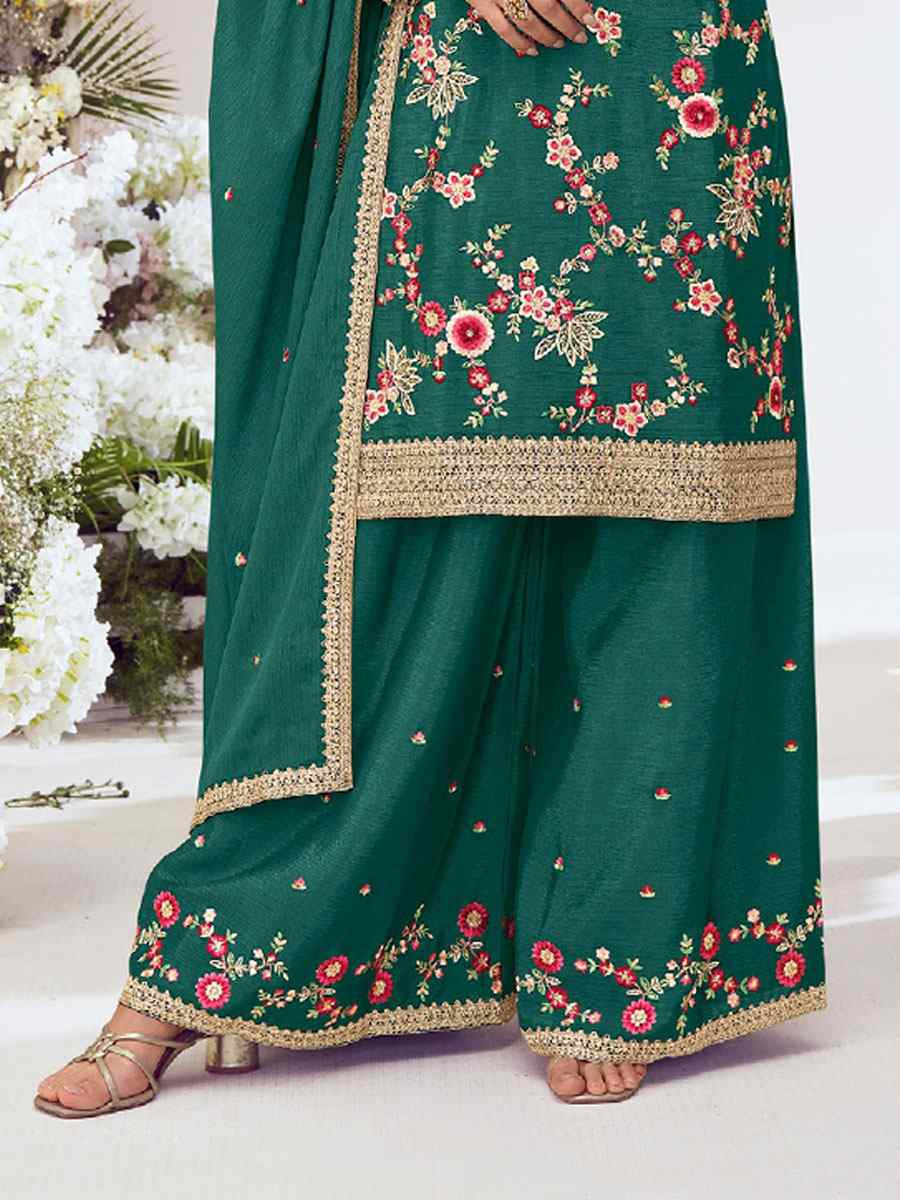 Green Heavy Premium Chinon Embroidery Party Wedding Festival Casual Ready Palazzo Pant Salwar Kameez