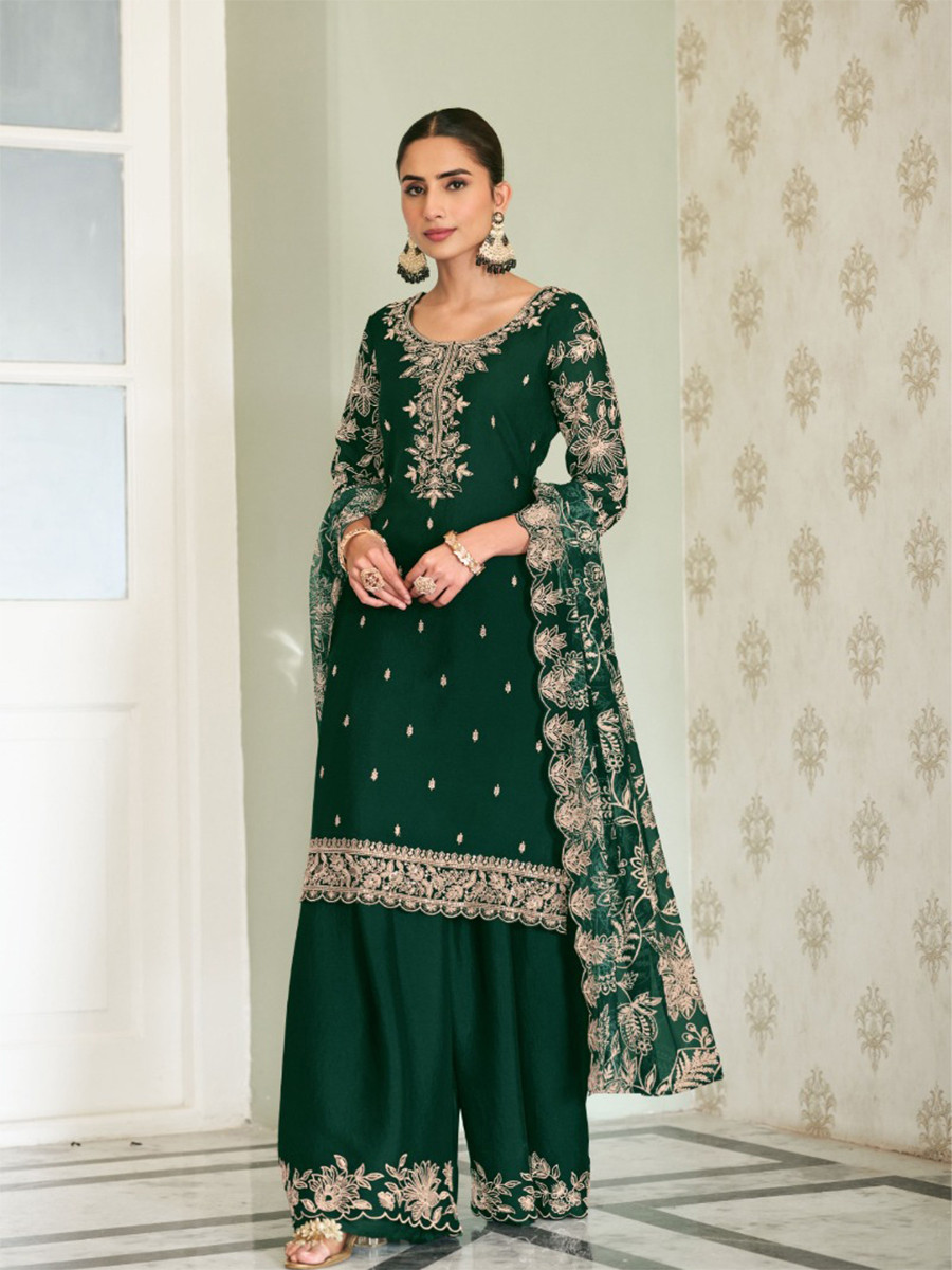 Green Heavy Premium Chinon Embroidery Wedding Party Festival Casual Palazzo Pant Salwar Kameez