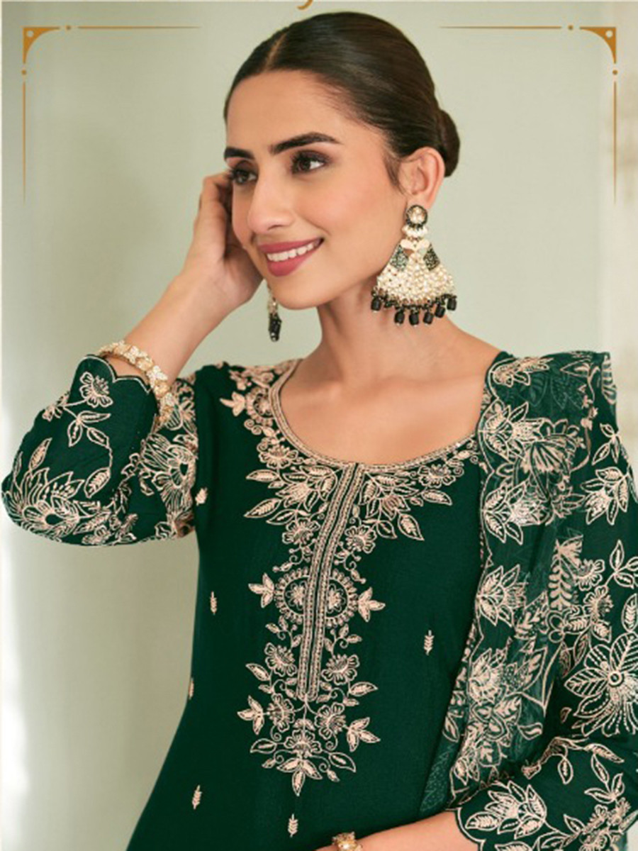 Green Heavy Premium Chinon Embroidery Wedding Party Festival Casual Palazzo Pant Salwar Kameez