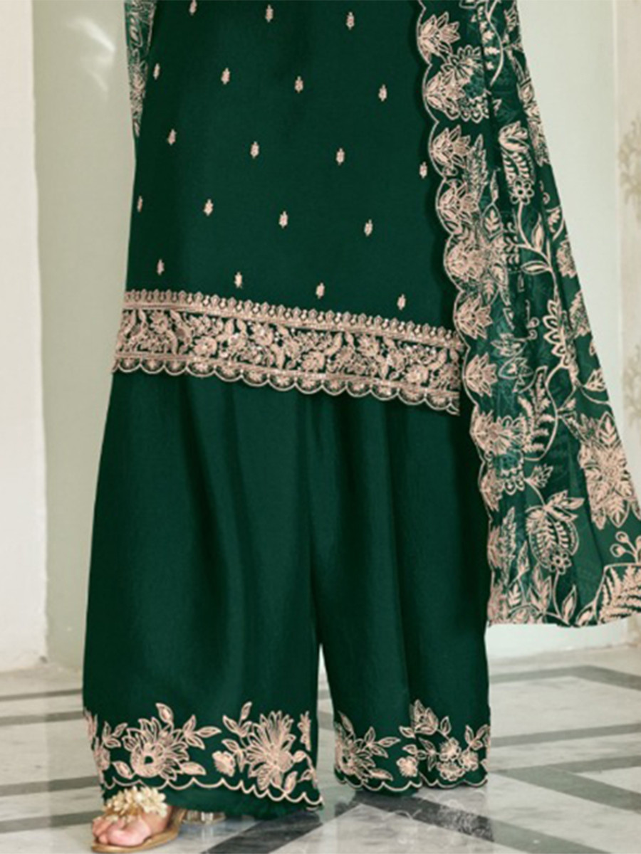 Green Heavy Premium Chinon Embroidery Wedding Party Festival Casual Palazzo Pant Salwar Kameez