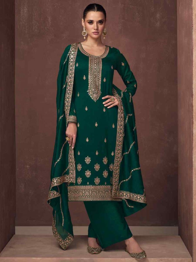 Green Heavy Premium Silk Embroidered Festival Mehendi Pant Salwar Kameez