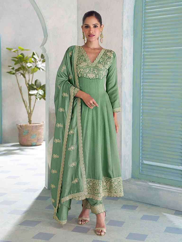 Green Heavy Premium Silk Embroidery Party Wedding Festival Casual Ready Anarkali Salwar Kameez