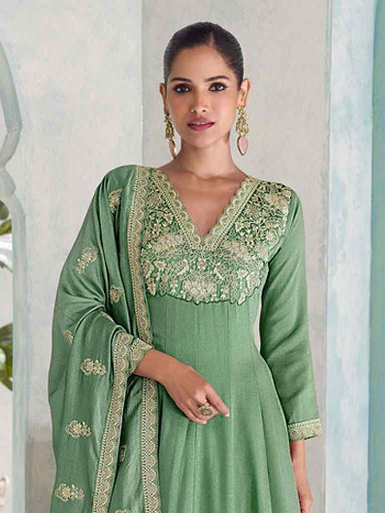 Green Heavy Premium Silk Embroidery Party Wedding Festival Casual Ready Anarkali Salwar Kameez