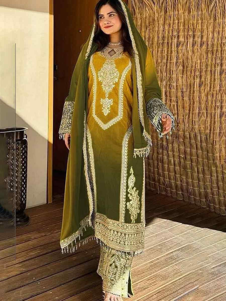 Green Heavy Pure Dull Tone Peding Chinon Silk Embroidered Fastive Wedding Ready Pant Salwar Kameez
