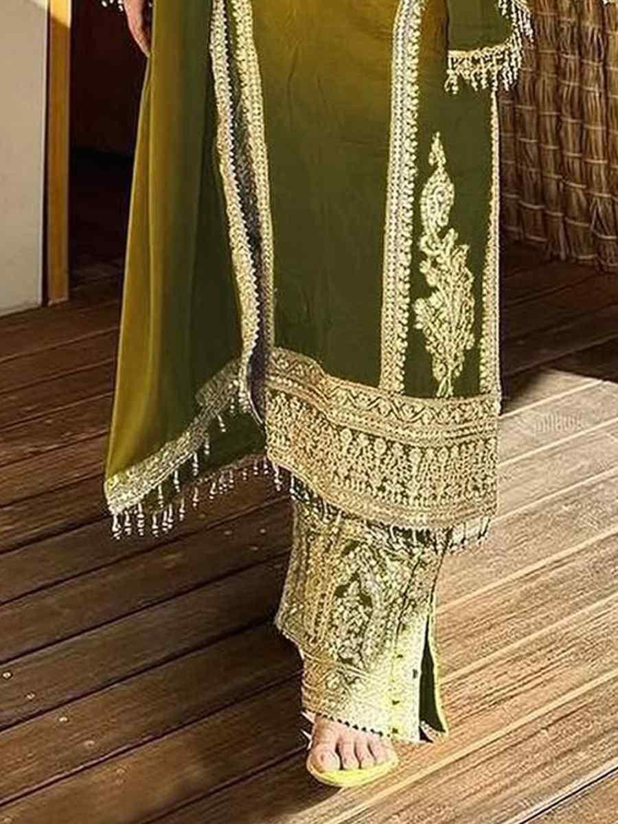 Green Heavy Pure Dull Tone Peding Chinon Silk Embroidered Fastive Wedding Ready Pant Salwar Kameez