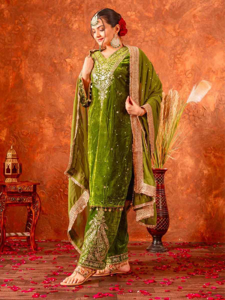 Image of Green Heavy Pure Viscose Velvet Embroidery Party Wedding Festival Casual Ready Pant Salwar Kameez