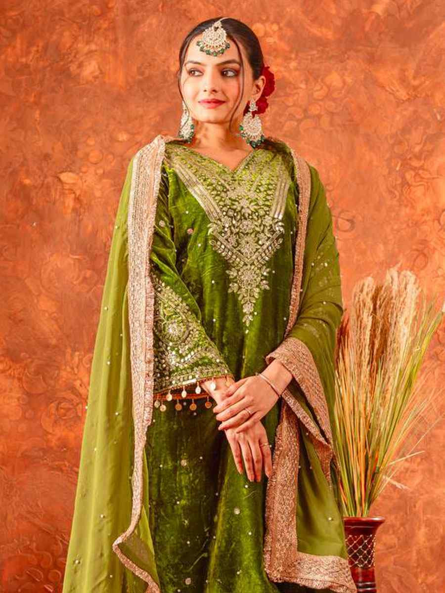 Green Heavy Pure Viscose Velvet Embroidery Party Wedding Festival Casual Ready Pant Salwar Kameez