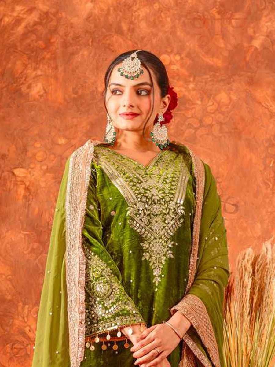Green Heavy Pure Viscose Velvet Embroidery Party Wedding Festival Casual Ready Pant Salwar Kameez