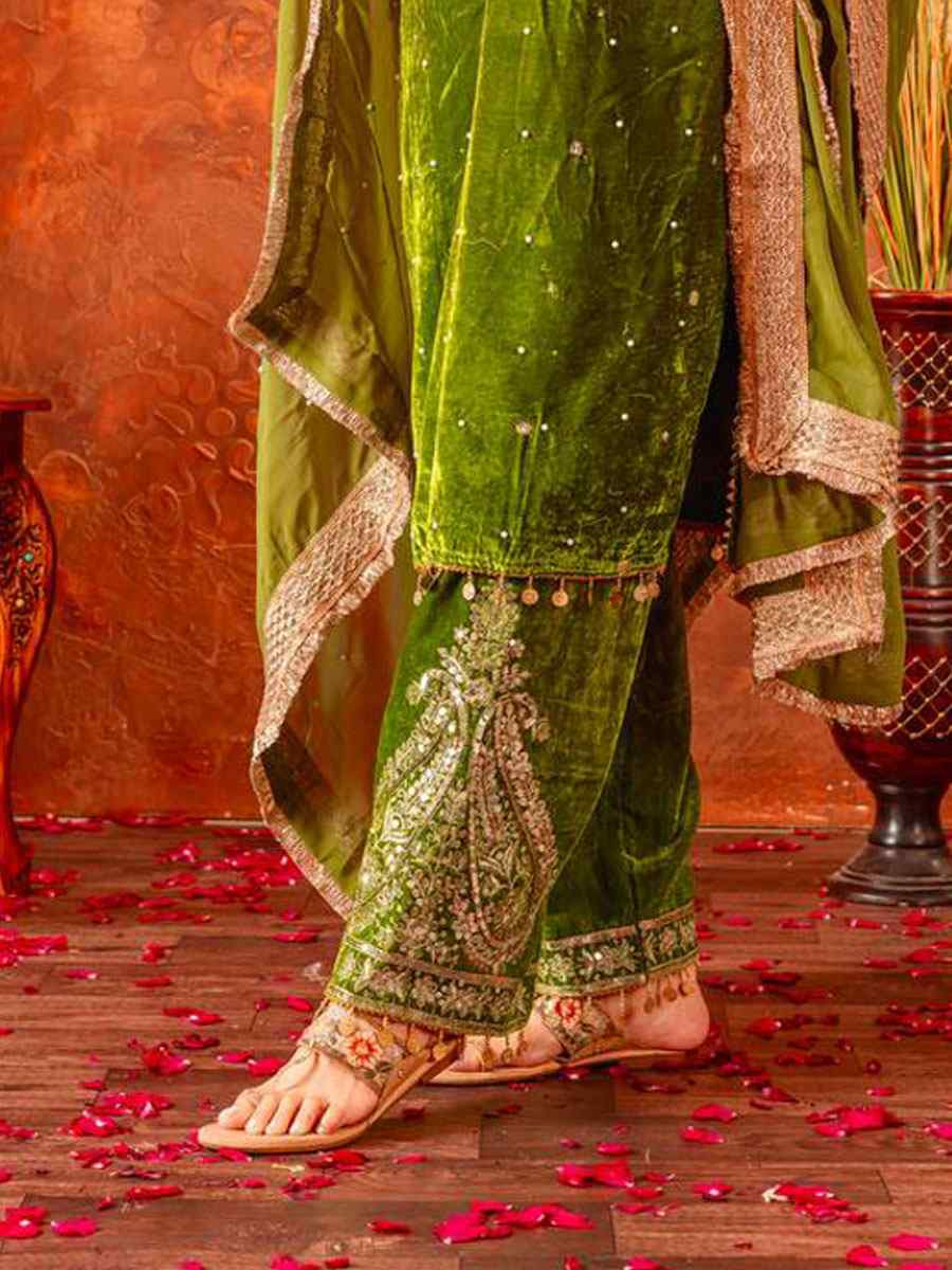 Green Heavy Pure Viscose Velvet Embroidery Party Wedding Festival Casual Ready Pant Salwar Kameez