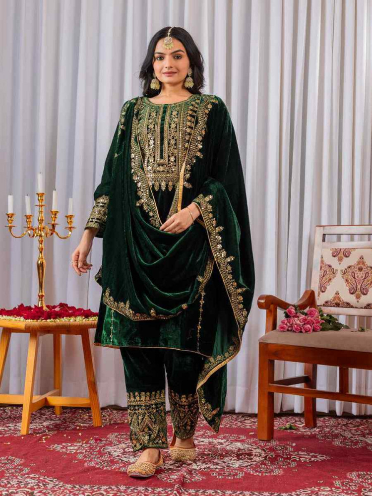 Image of Green Heavy Pure Viscose Velvet Embroidery Party Wedding Festival Casual Ready Pant Salwar Kameez