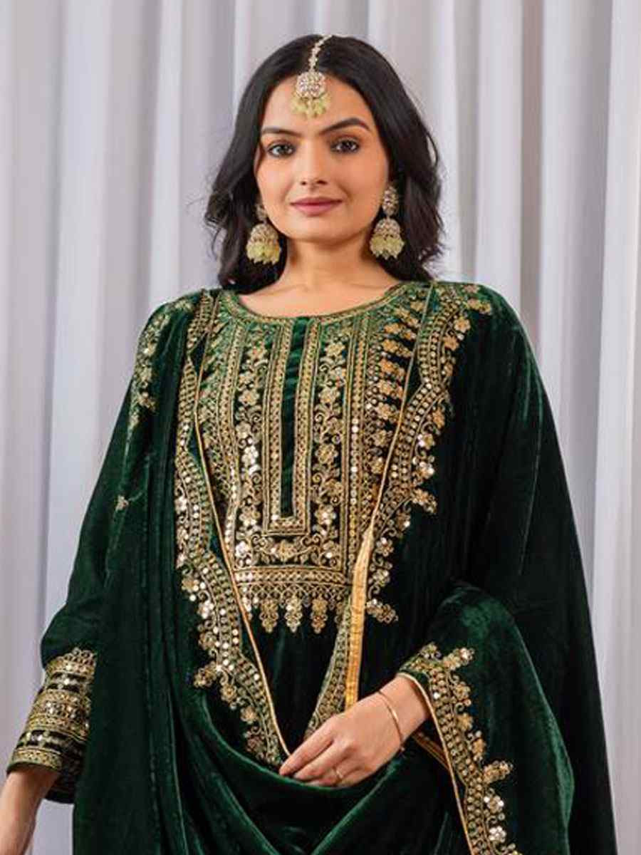Green Heavy Pure Viscose Velvet Embroidery Party Wedding Festival Casual Ready Pant Salwar Kameez
