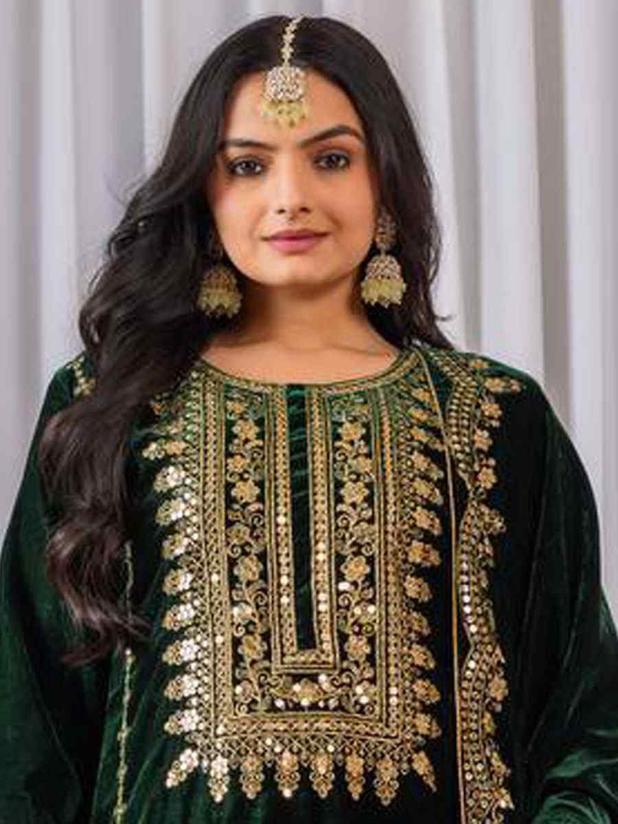Green Heavy Pure Viscose Velvet Embroidery Party Wedding Festival Casual Ready Pant Salwar Kameez