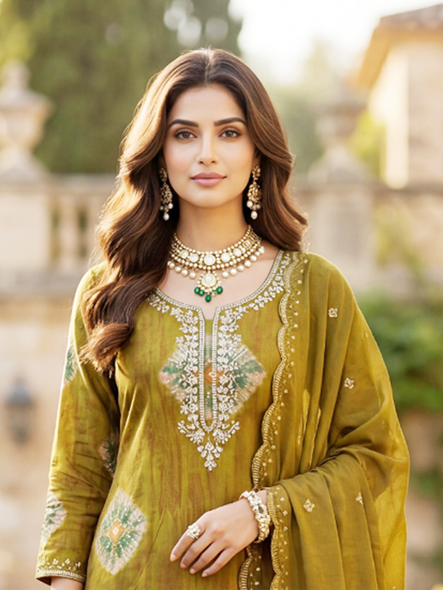 Green Heavy Rayon Cotton Printed Embroidery Zari Sequins Wedding Festival Party Casual Pant Salwar Kameez
