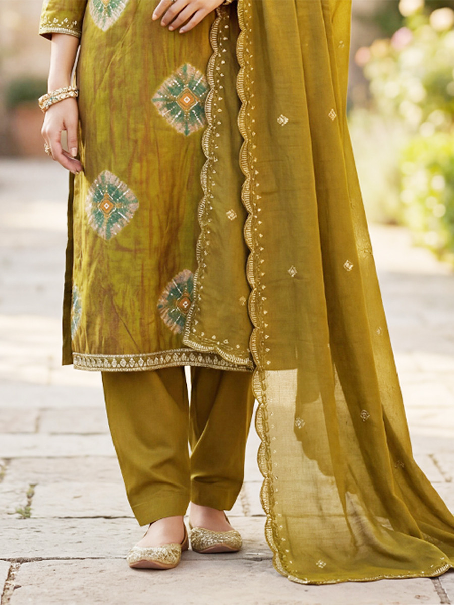 Green Heavy Rayon Cotton Printed Embroidery Zari Sequins Wedding Festival Party Casual Pant Salwar Kameez