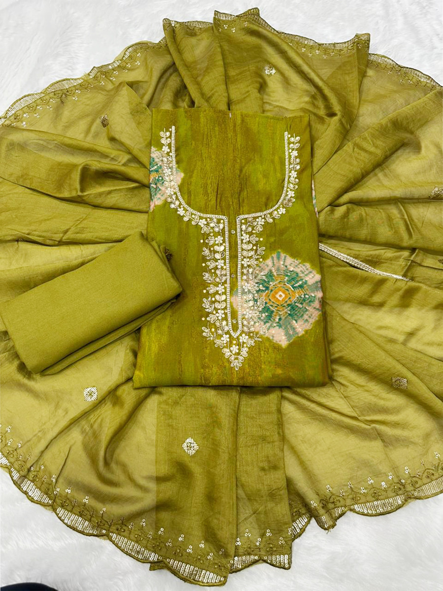 Green Heavy Rayon Cotton Printed Embroidery Zari Sequins Wedding Festival Party Casual Pant Salwar Kameez