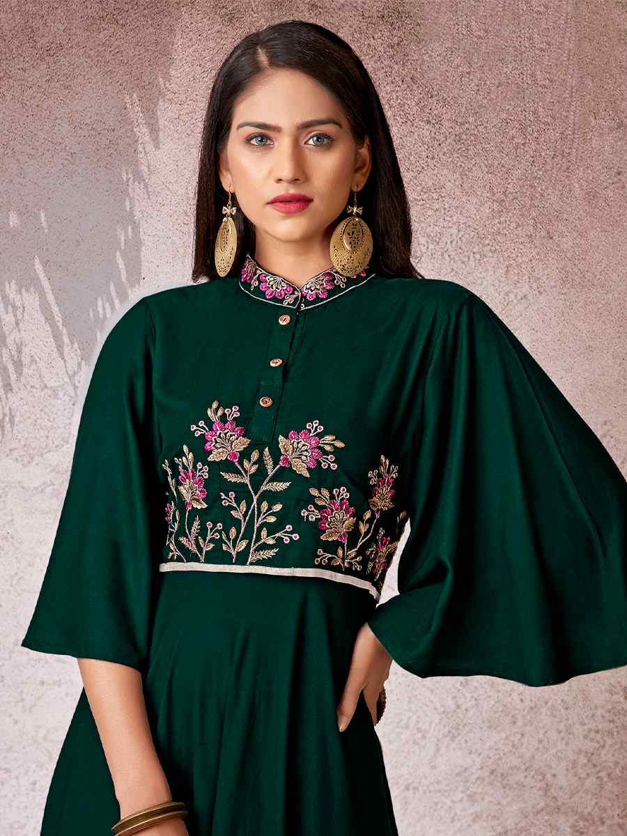 Green Heavy Rayon Embroidered Festival Casual Kurti
