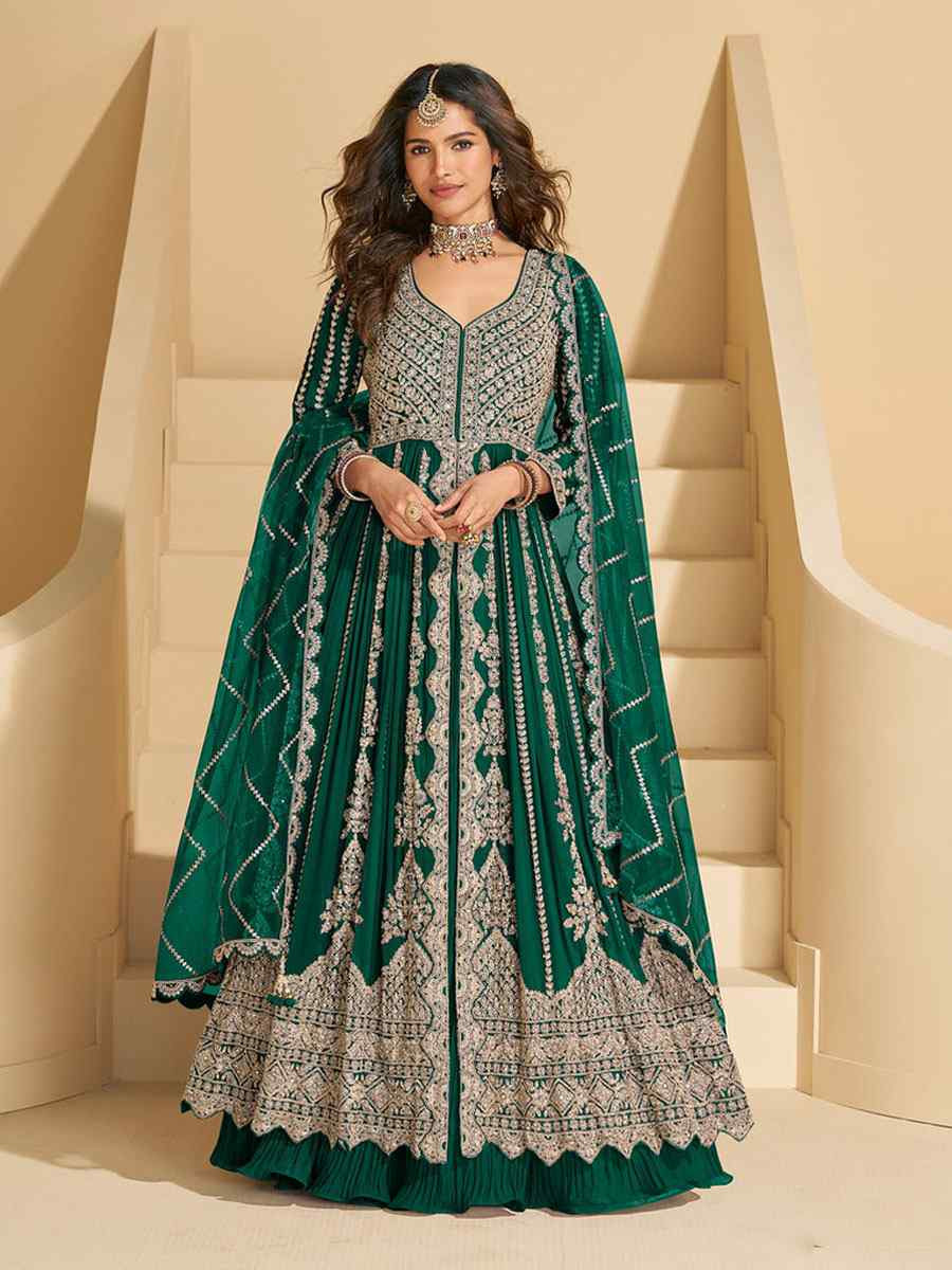 Green Heavy Real Chinon Embroidered Wedding Reception Festival Ready Heavy Border Kurti Lehenga Choli