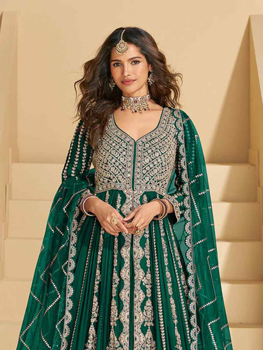 Green Heavy Real Chinon Embroidered Wedding Reception Festival Ready Heavy Border Kurti Lehenga Choli