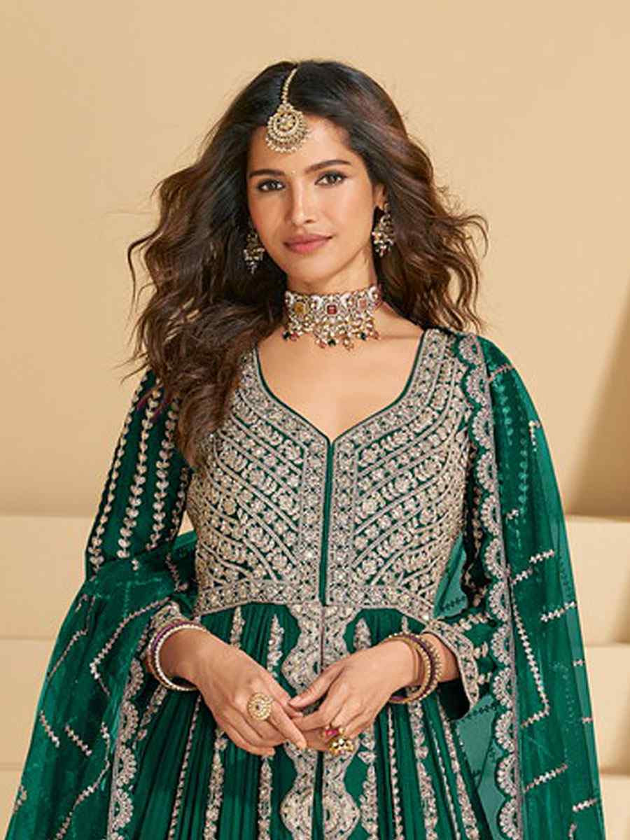 Green Heavy Real Chinon Embroidered Wedding Reception Festival Ready Heavy Border Kurti Lehenga Choli