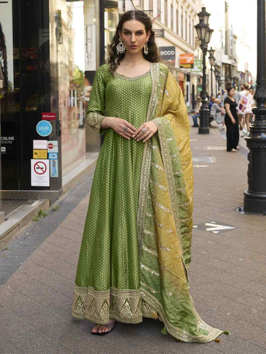 Green Heavy Real Vichitra Silk Embroidered Festival Casual Gown Women Wear