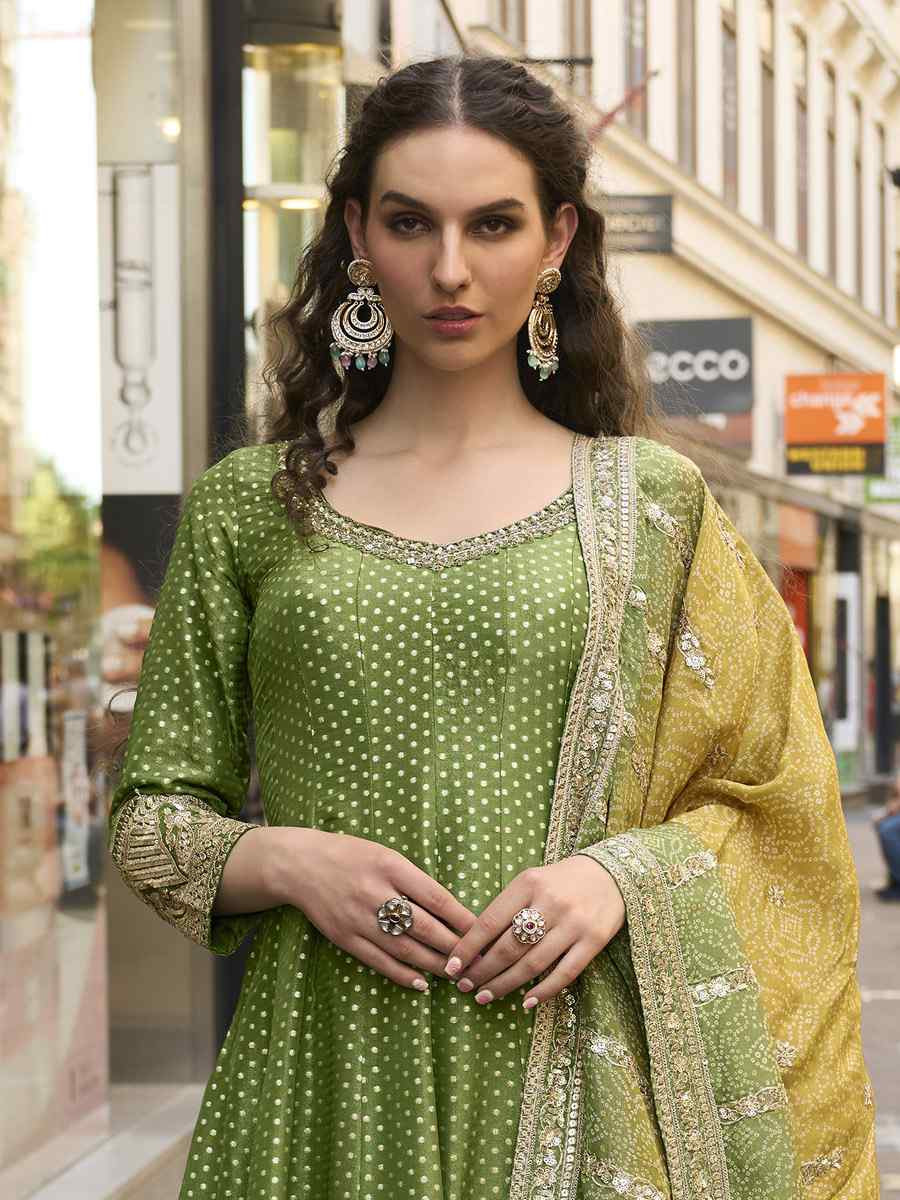 Green Heavy Real Vichitra Silk Embroidered Festival Casual Gown Women Wear