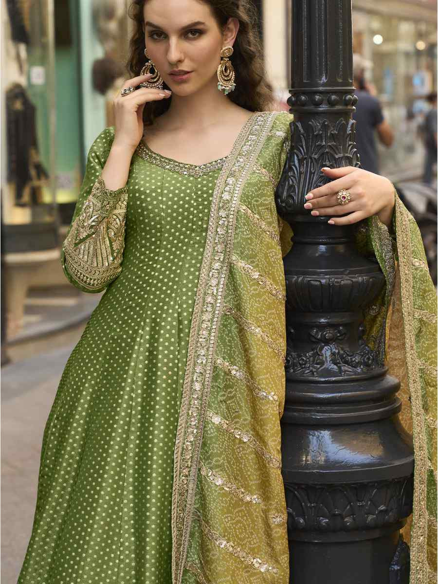 Green Heavy Real Vichitra Silk Embroidered Festival Casual Gown Women Wear