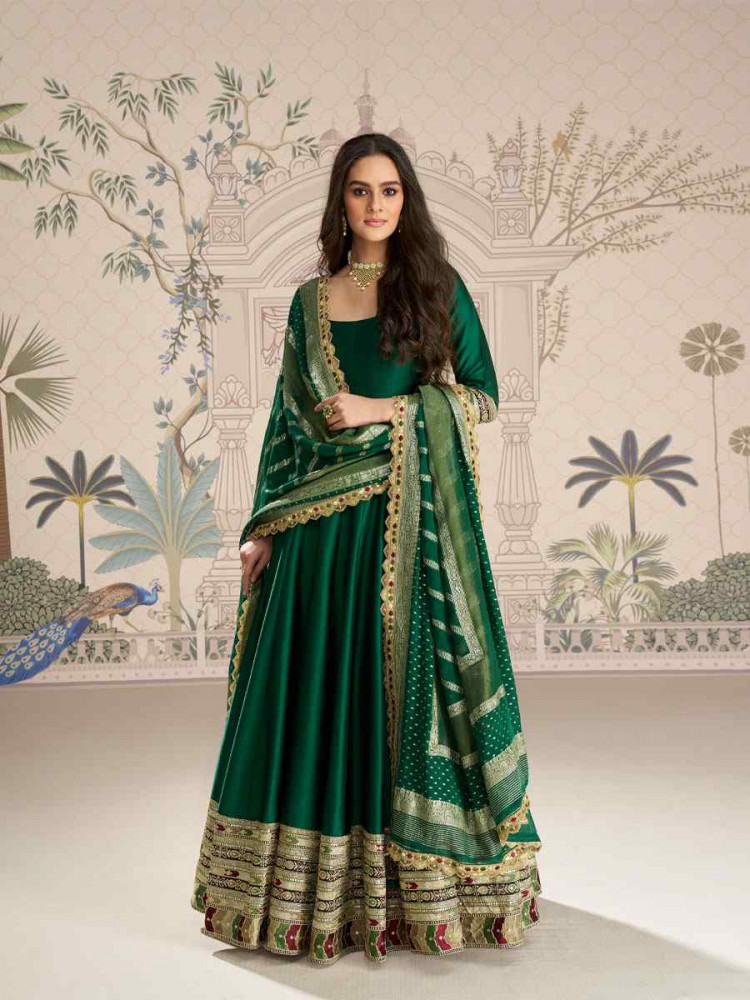 Image of Green Heavy Real Vichitra Silk Embroidered Festival Casual Gown Women Wear
