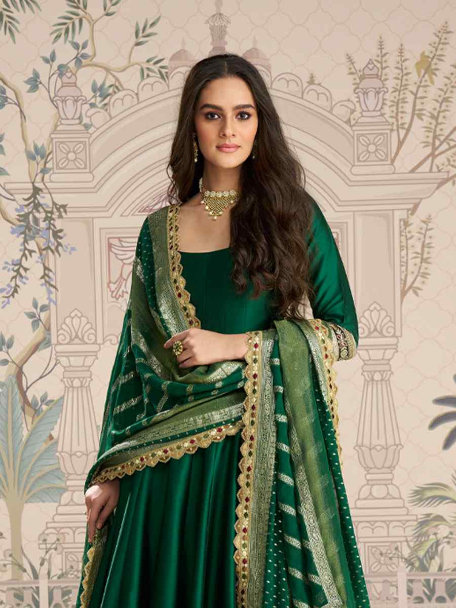 Green Heavy Real Vichitra Silk Embroidered Festival Casual Gown Women Wear