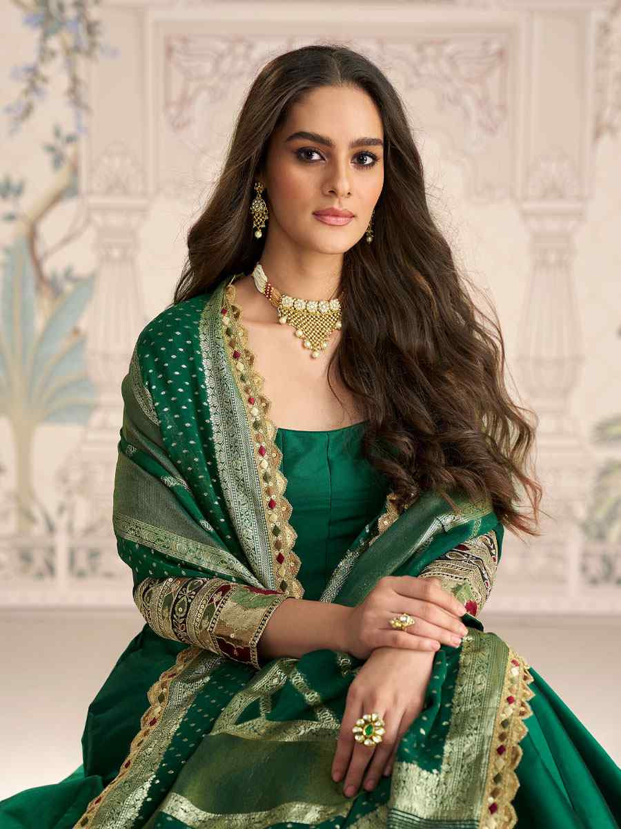 Green Heavy Real Vichitra Silk Embroidered Festival Casual Gown Women Wear
