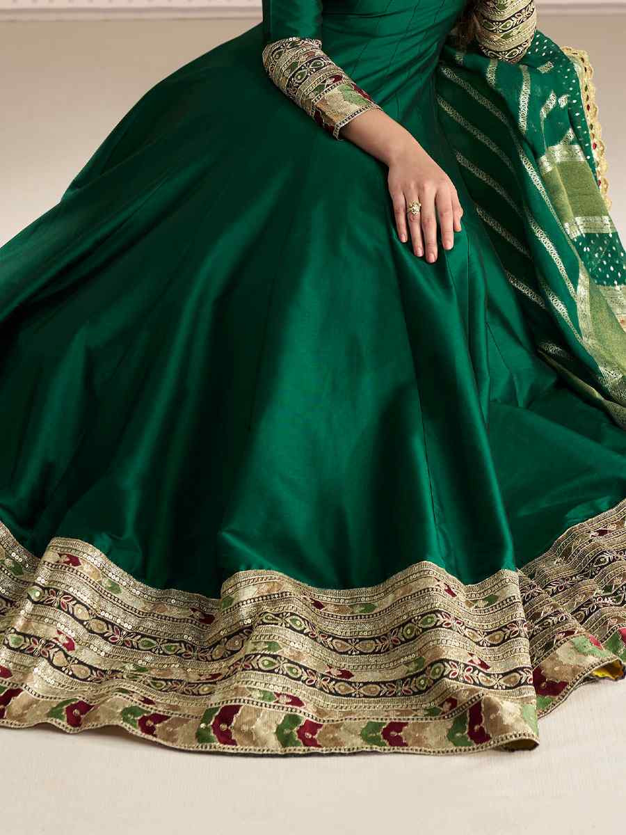 Green Heavy Real Vichitra Silk Embroidered Festival Casual Gown Women Wear