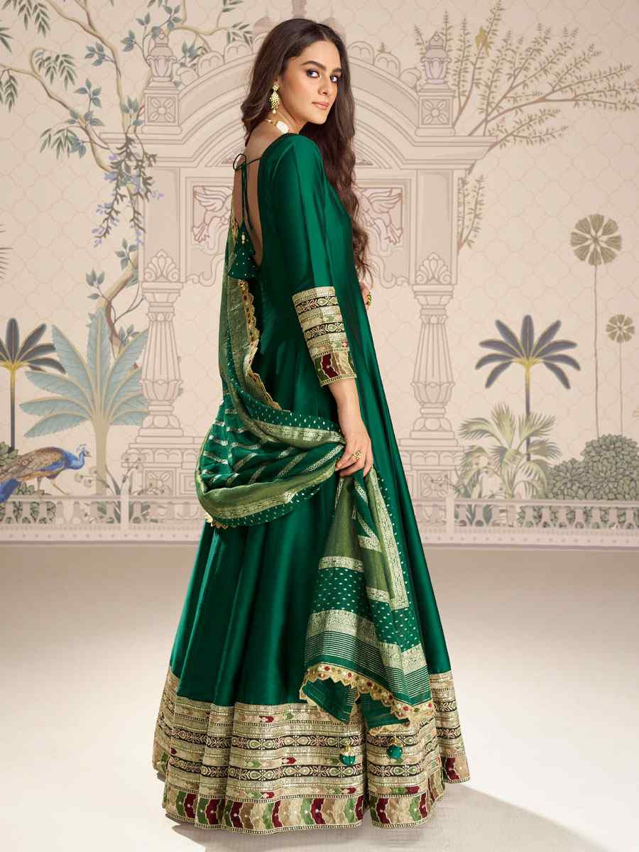 Green Heavy Real Vichitra Silk Embroidered Festival Casual Gown Women Wear