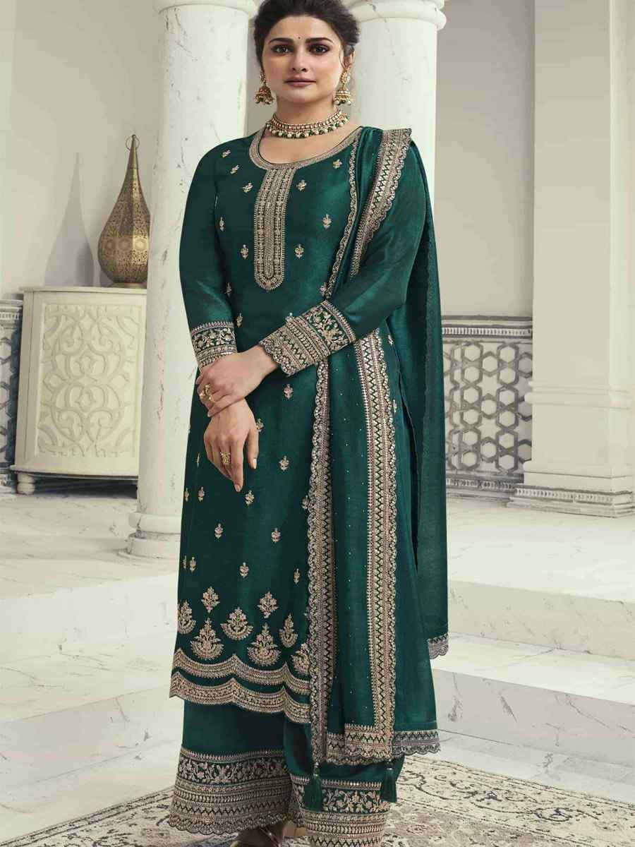 Green Heavy Silk Georgette Embroidered Casual Festival Wedding Party Palazzo Pant Salwar Kameez