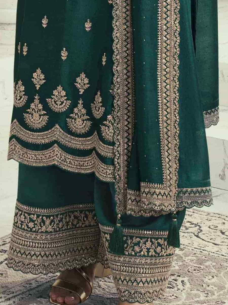 Green Heavy Silk Georgette Embroidered Casual Festival Wedding Party Palazzo Pant Salwar Kameez
