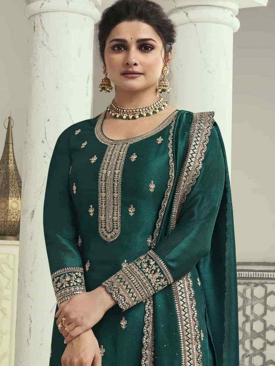 Green Heavy Silk Georgette Embroidered Casual Festival Wedding Party Palazzo Pant Salwar Kameez