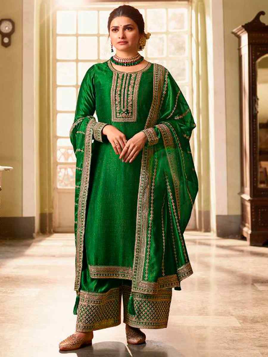 Green Heavy Silk Georgette Embroidered Wedding Festival Bollywood Palazzo Pant Salwar Kameez